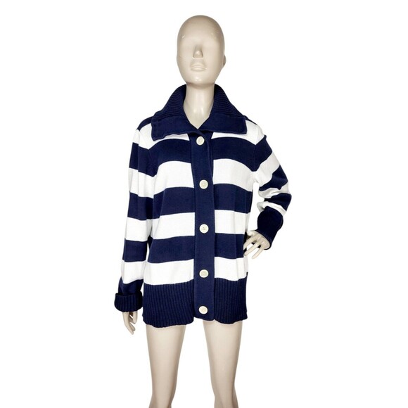 Chaps Navy Blue White Striped Knit Collared Cardigan Sweater Women's Size 2X - Picture 4 of 10